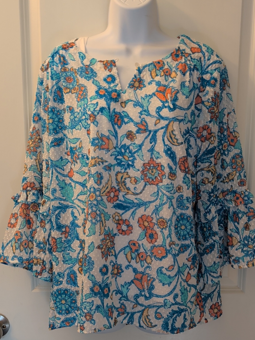 White Floral Tunic Top with Blue and Coral Motif - Women's - Picture 1 of 5